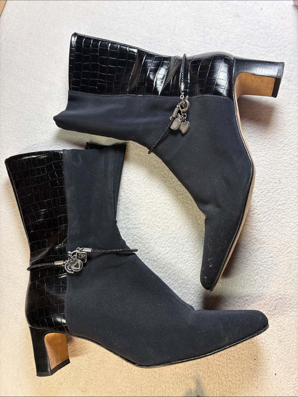 Brighton Black Croc-Trim Mid-Heel Ankle Boots with Charm Accent